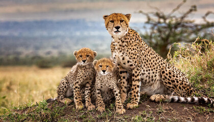 Female cheetah with her cubs. Tanzania. Serengeti National Park