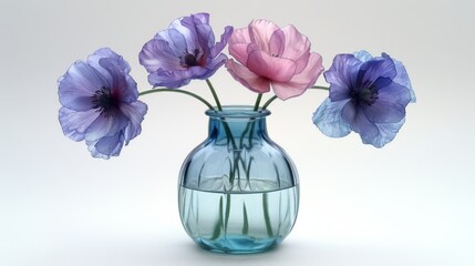  a vase filled with purple and pink flowers on top of a white table next to a blue vase filled with purple and pink flowers.