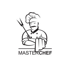black chef icon with fork isolated on white background