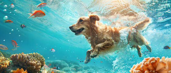 Dog Jumping and Swimming in Water with the Fish