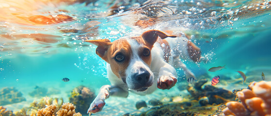 Dog Jumping and Swimming in Water