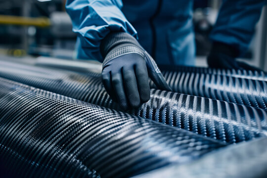 Close-up of technician inspecting carbon fiber material in industrial setting