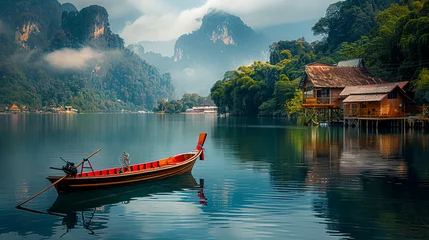 Rolgordijnen Explore the Stunning Landscapes of Thailand: Serene Lakes, Majestic Rivers, and Picturesque Mountains Await You on a Boat Ride Along the Shoreline © Fernando Cortés