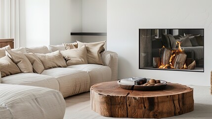 Cozy minimalism: A chic living space where a warm fire meets the natural beauty of wood.