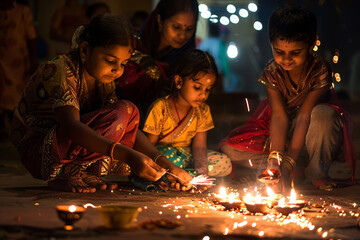 Family Diwali Celebration with Diyas