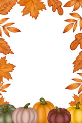 Autumn frame pumpkins and leaves, thanksgiving card empty vertical template