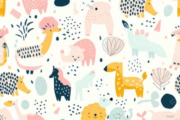 Abstract animal seamless pattern banner, wallpaper for kids, pastel colors hare, dog, fox, deer, bear over white background. Wrapping paper for presents. Baby linen, clothes and products for children