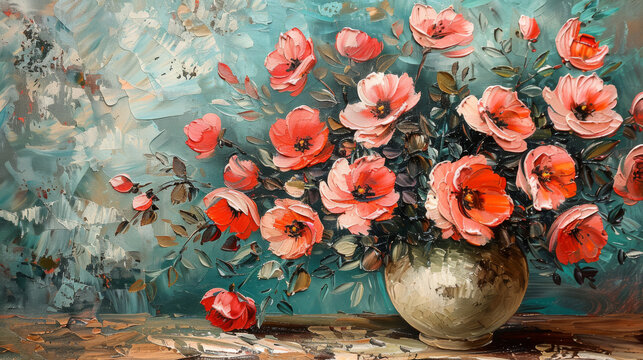  a painting of a vase full of red flowers on a table with a painting of a blue background behind it.