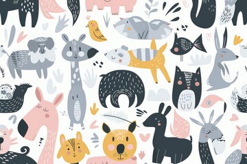 Obraz na płótnie Canvas Abstract animal seamless pattern banner, wallpaper for kids, pastel colors hare, dog, fox, deer, bear over white background. Wrapping paper for presents. Baby linen, clothes and products for children