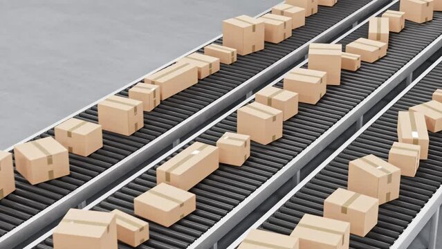 Multiple differently sized cardboard boxes rolling on three conveyor belts. Seamleesly loopable video. Mail order or consumerism concept