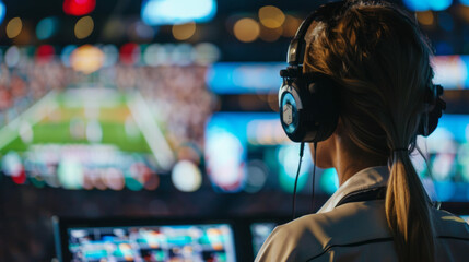 A focused female sports broadcast producer oversees a live sports event, wearing headphones and monitoring various screens
