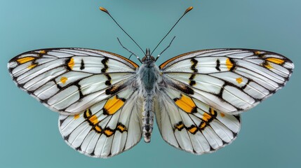  a close up of a butterfly with yellow and black markings on it's wings, with a blue background.