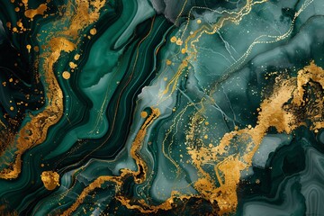 Background green gold abstract texture marble pattern liquid ink paint Dark background