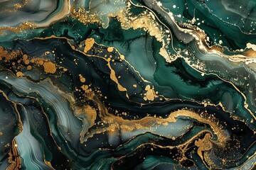 Background green gold abstract texture marble pattern liquid ink paint Dark background