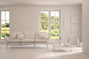 Grey living room concept with sofa and summer landscape in window. Scandinavian interior design. 3D illustration