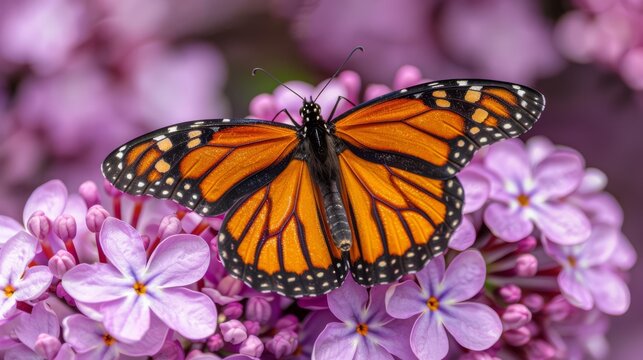  a close up of a butterfly on a flower with purple flowers in the foreground and pink flowers in the background.
