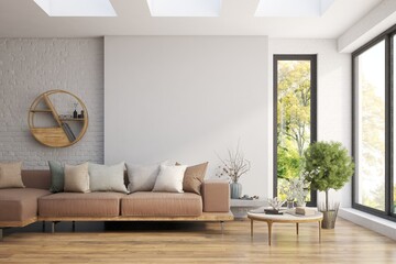 White living room with sofa and summer landscape in window. Scandinavian interior design. 3D illustration