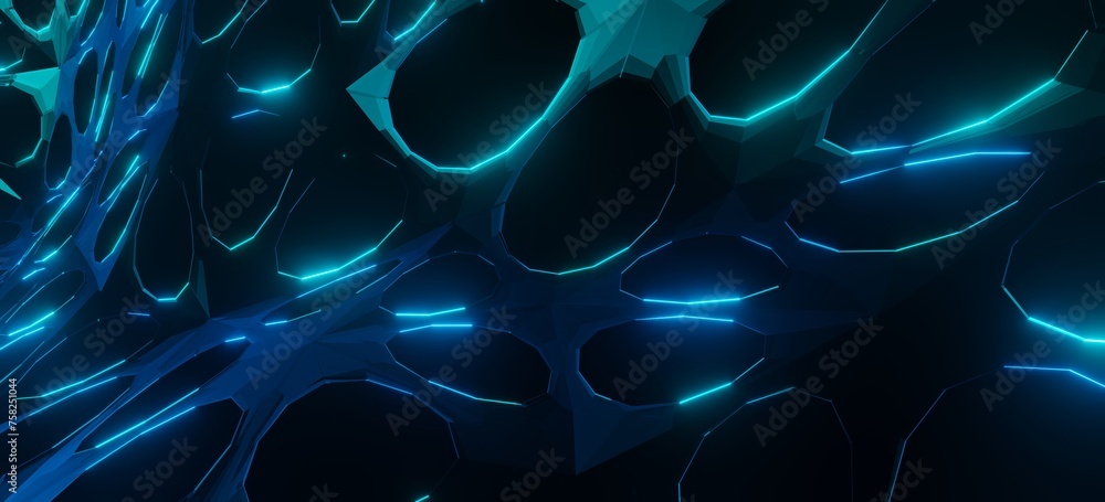 Poster abstract geometric pattern of glowing purple neon in dark background 3d rendering