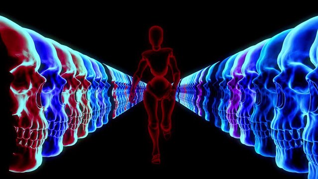 Glowing neon human robot runs towards the camera with changing colors, accompanied by shaking neon skulls on the sides. Ideal for VJ loops, events, and motion graphics