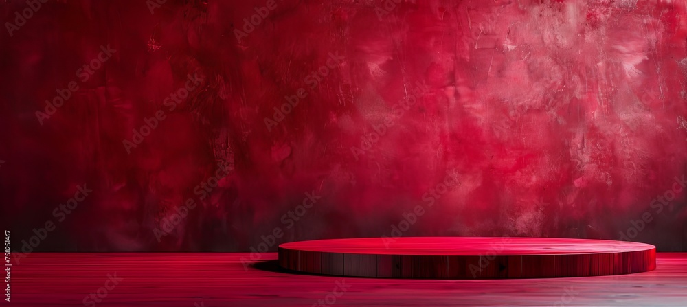 Poster empty red podium on light studio stage platform with spotlight abstract scene for product display