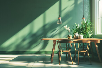 Modern stylish sunny dining room with green wall and wooden table and chair. Brightly kitchen plants - Powered by Adobe