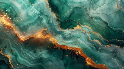 Flowing watercolor background. Spilled green paint. Golden veins and liquid marble texture. Fluid art luxury wallpaper.