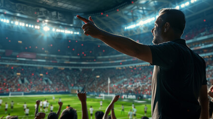 Man with outstretched arm experiencing the thrill of live sports at an illuminated arena