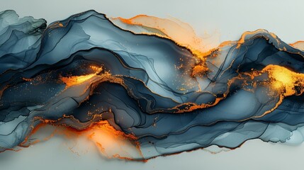 This luxury abstract fluid art painting uses alcohol ink technique and features a mixture of black, gray, and gold paints. Marble stone cut, glowing gold veins. It's a soft and dreamy design.