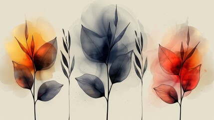 Abstract plant art modern set. Watercolor boho foliage line art drawing with abstract shape. Suitable for printing, covers, wallpaper, minimalist and natural wall art.