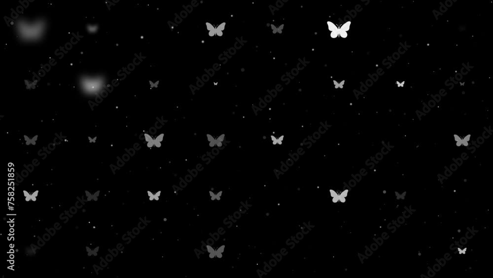 Poster template animation of evenly spaced butterfly symbols of different sizes and opacity. animation of t