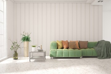 White living room with sofa. Scandinavian interior design. 3D illustration