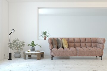White living room with sofa. Scandinavian interior design. 3D illustration