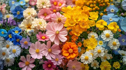  a close up of a bunch of flowers with many different colors of flowers in the middle of the picture and in the middle of the middle of the picture.