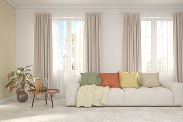 White living room with sofa. Scandinavian interior design. 3D illustration