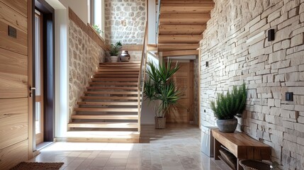 Rustic allure: Illuminated wooden stairs ascend alongside a timeless stone wall.
