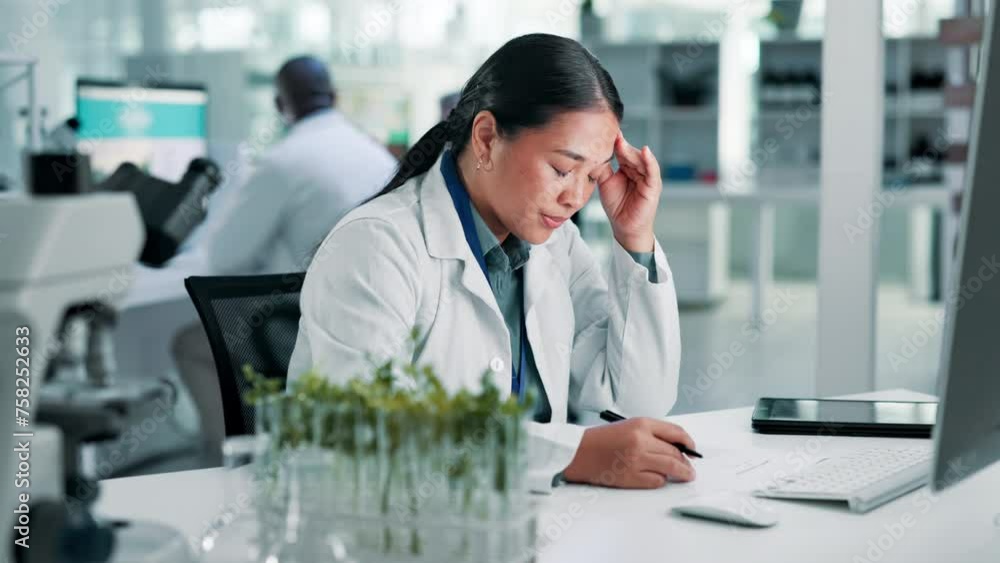 Wall mural science, stress and woman with plants, research or burnout in medical engineering laboratory. biotec