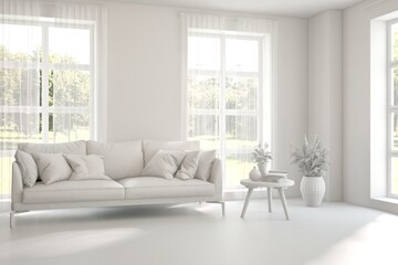 Fototapeta premium Grey living room concept with sofa and summer landscape in window. Scandinavian interior design. 3D illustration