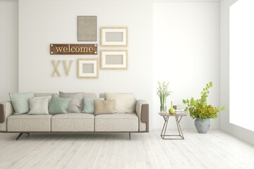 Fototapeta premium White living room with sofa. Scandinavian interior design. 3D illustration