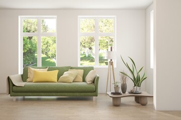 Fototapeta premium White living room with sofa and summer landscape in window. Scandinavian interior design. 3D illustration