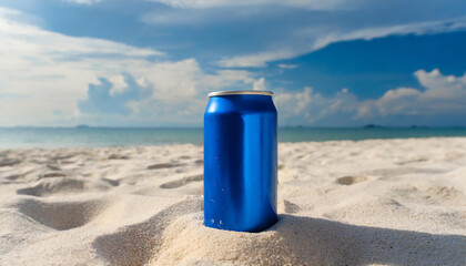 Obraz premium Blue aluminum can on clear white sand at beach. Beer or soda drink package. Summer refreshing beverage