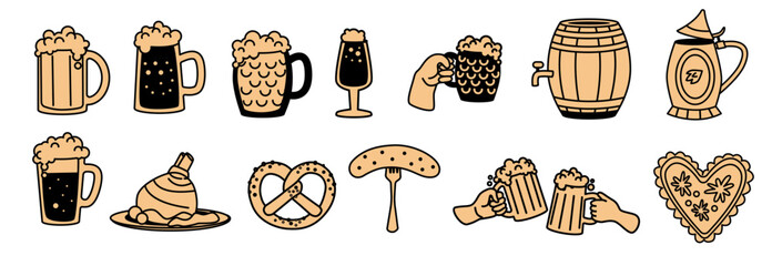 Beer and pretzels icons set on a white background. Oktoberfest vector illustration for design and print. German festival and beer culture. Oktoberfest set.