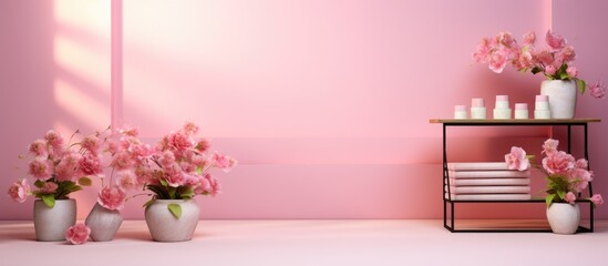 Pastel pink backdrop and high-quality platform for showcasing products. Studio setup with shadow effect. .