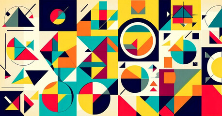 A colorful and complex abstract geometric pattern. It consists of various shapes including triangles, circles, squares, and other polygons.