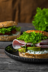 sandwich with ham and salad at breakfast 