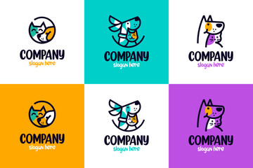 set of cat and dog logo , adoption , funny pet , logo design template.