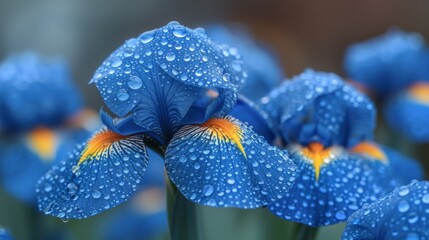  a close up of a blue flower with drops of water on it and a green stem in the foreground.