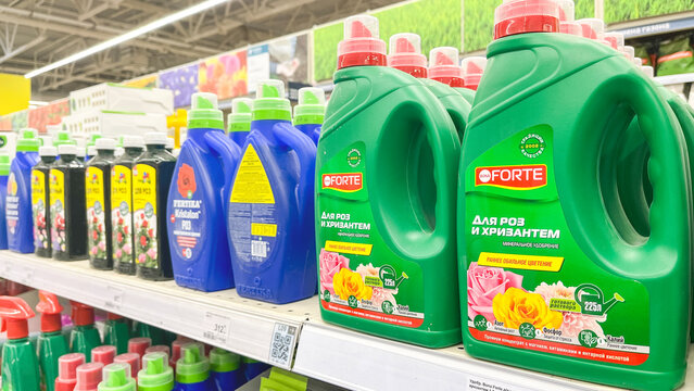 Plant Fertilizer, Supermarket Counter Everything For Garden, Plant chemicals on the store counter, Plant chemicals on the store counter. Moscow January 17 2024.