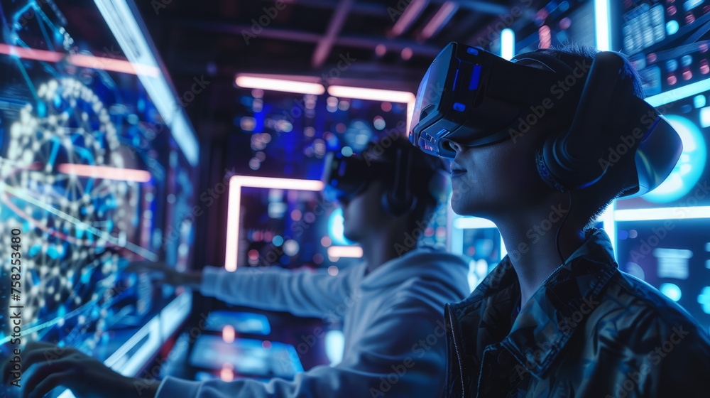 Poster a user engaged with a vr headset is immersed in a neon-lit digital command center environment