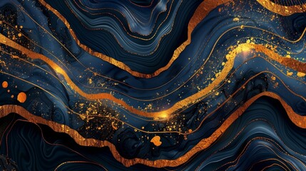 Blue and gold liquid texture pattern background with mineral ink elements, stone water effect.