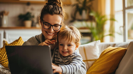 Woman is sitting on a couch, holding a toddler on her lap while working on a laptop in a cozy home environment.